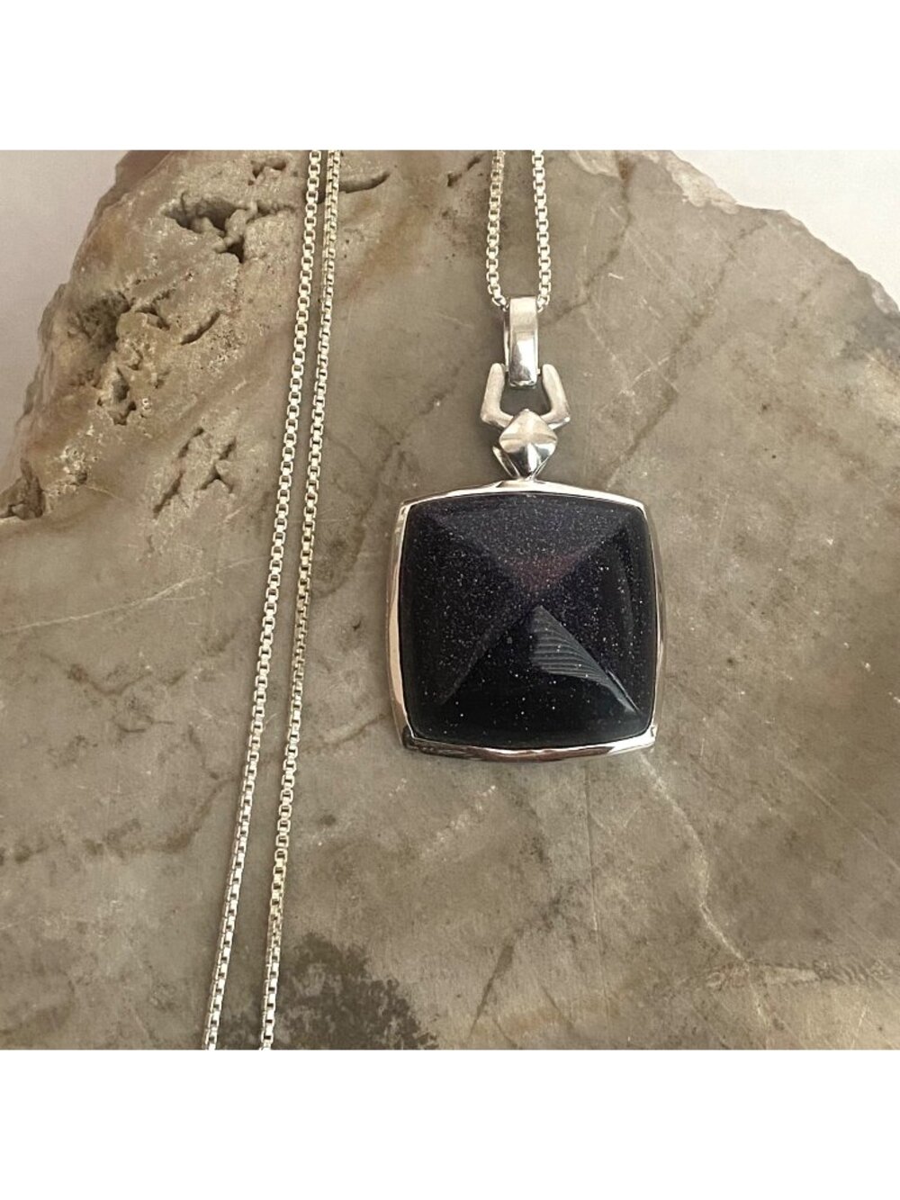 Sterling Silver 925 Square Blue Goldstone Cabochon Pendant Necklace 20" Chain
